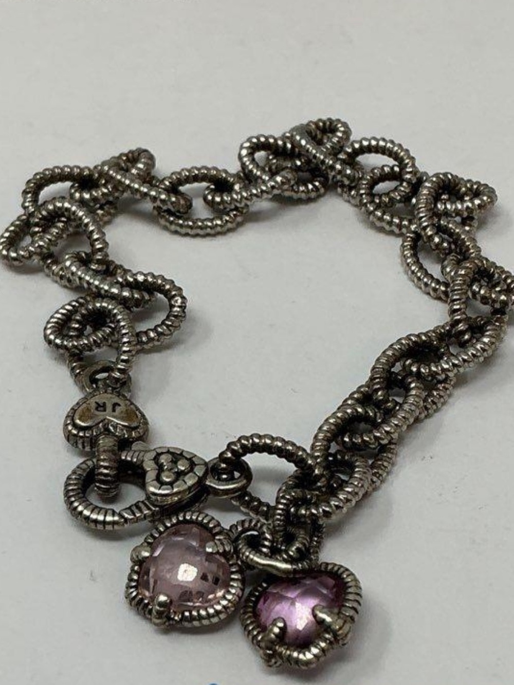 Women’s Judith Ripka 925 sterling silver charm bracelet with 2 CZ Pink Hearts